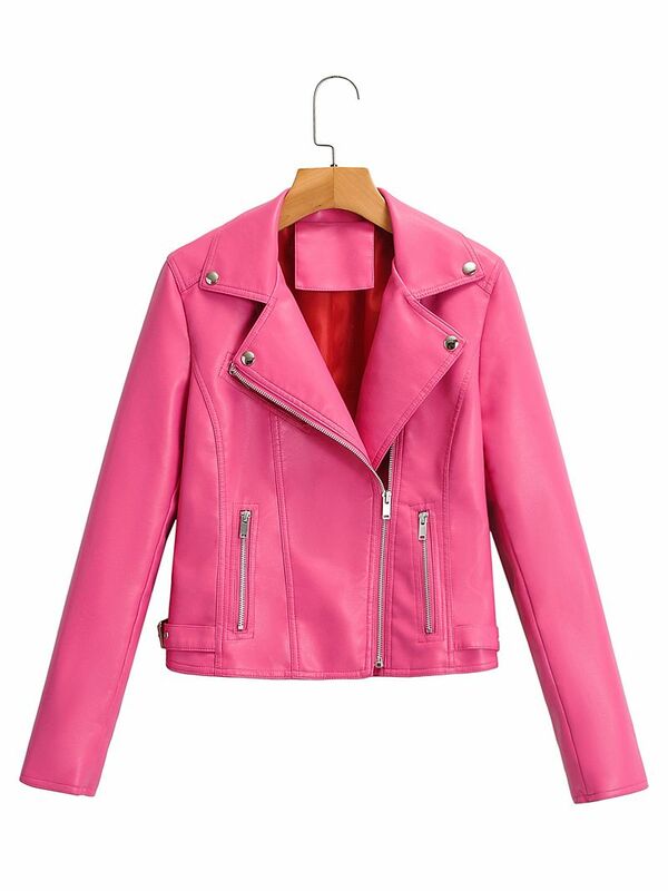 Новое поступление, весна-зима, осень, брендовые мотоциклетные кожаные куртки, розовая кожаная куртка, женское кожаное пальто, приталенная куртка из искусственной кожи, красная