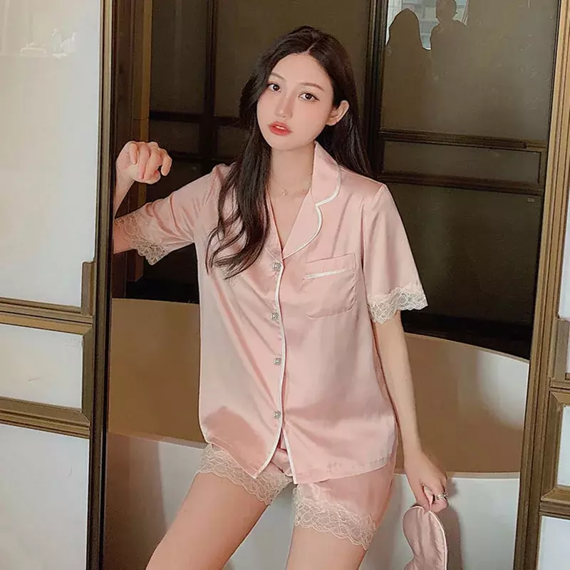Women Pajamas Sets Summer 2 Piece Pink Pocket Pyjama Faux Silk Satin Buttons Sleepwear Short Sleeve Pijama Mujer Pjs Homewear