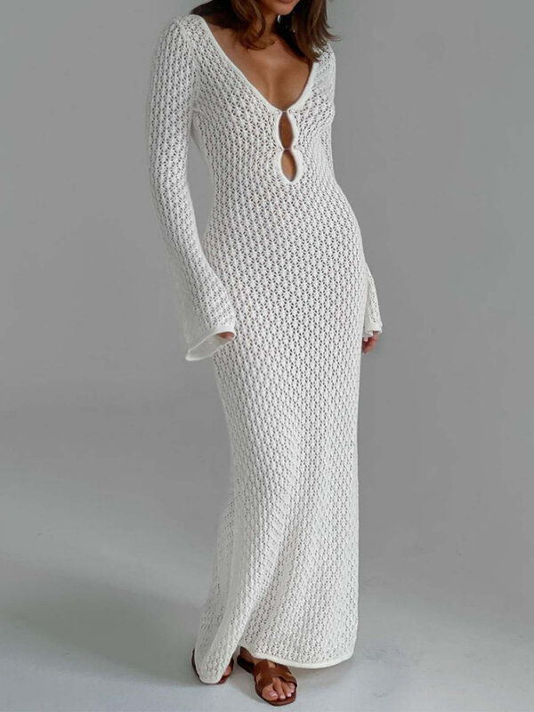 Sexy Women White Long Knit Sleeve Bikin Fashion Cover Up Female See-Through Deep V-Neck Hollow-Out Beach Knitwear Backless Dress