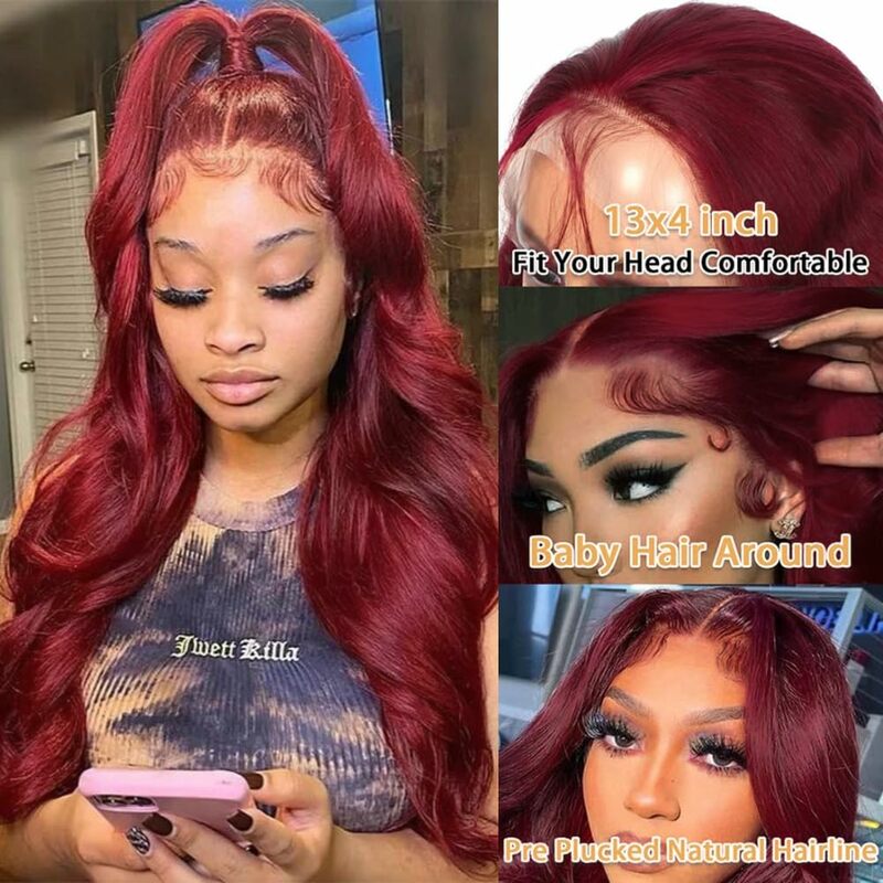 Perruque Lace Front Wig sans colle naturelle, cheveux humains, couleur bordeaux 99j, rouge vin, pre-plucked, avec baby hair, nouvelle collection