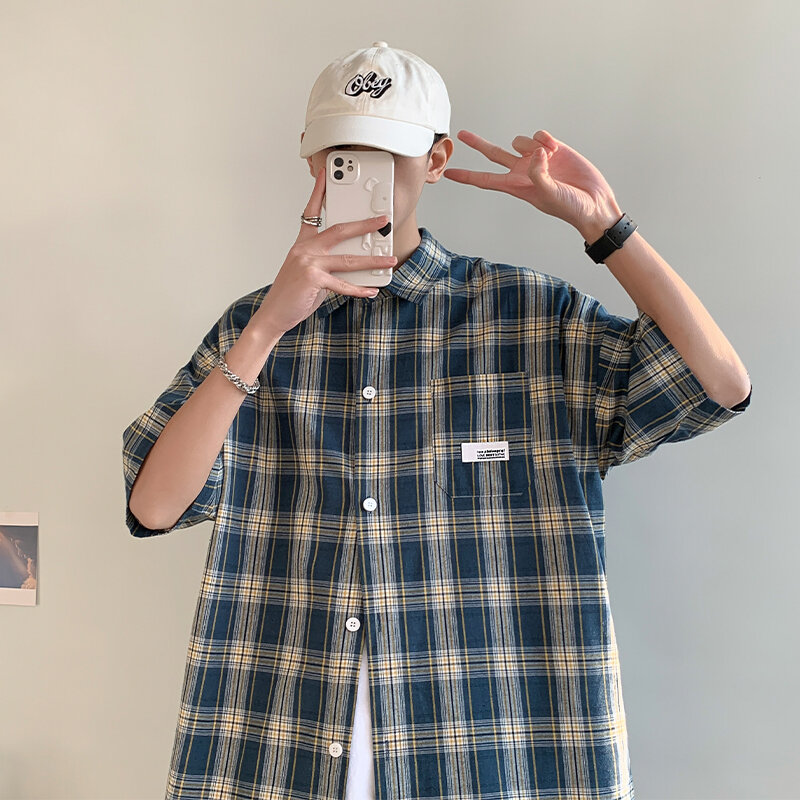 メンズ韓国ストリートウェアチェックシャツ,チェックシャツ,半袖ブラウス,サマーファッション,新品,y2k,2024