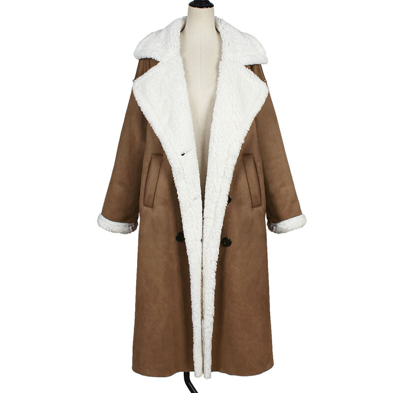 Women Winter Long Jacket Faux Teddy Bear Fleece Warm Coat Overcoat Outwear Fur Integrated Lambswool Lapel