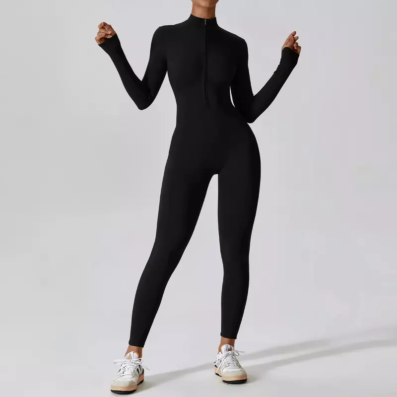 Bodysuit Yoga lengan panjang telanjang ritsleting Bodysuit olahraga kebugaran intensitas tinggi