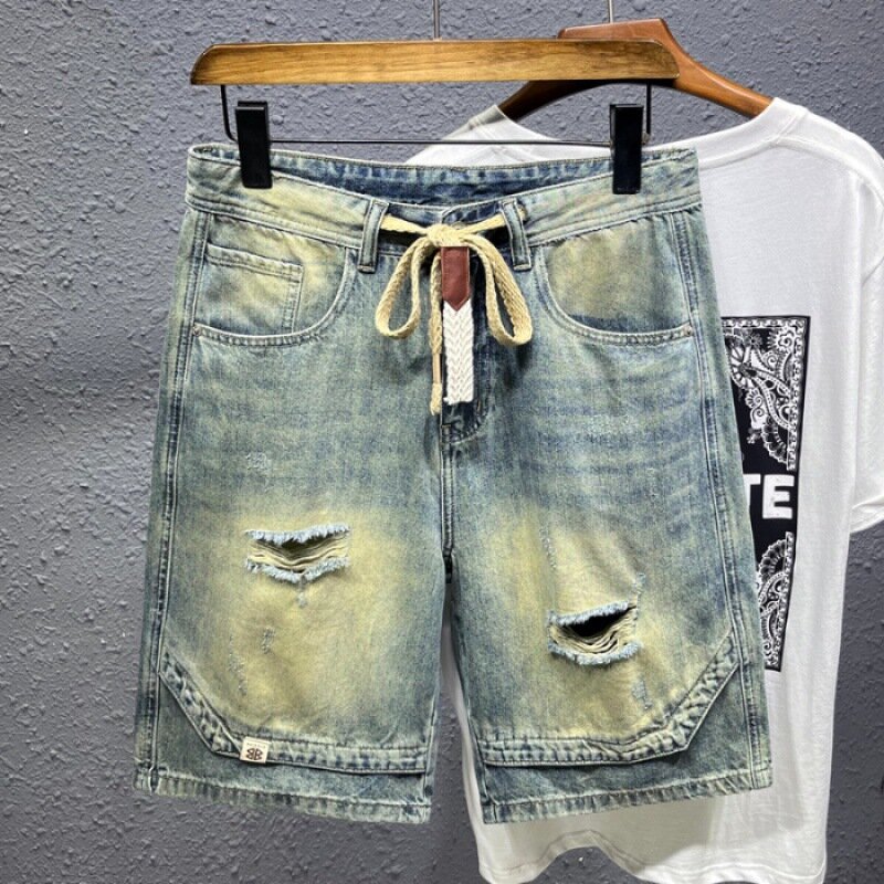 Nostalgiczne zgrywanie spodnie środkowe spodenki jeansowe męskie letnie retro uliczne modne w pasie rozciągliwe w trudnej sytuacji przycięte spodnie
