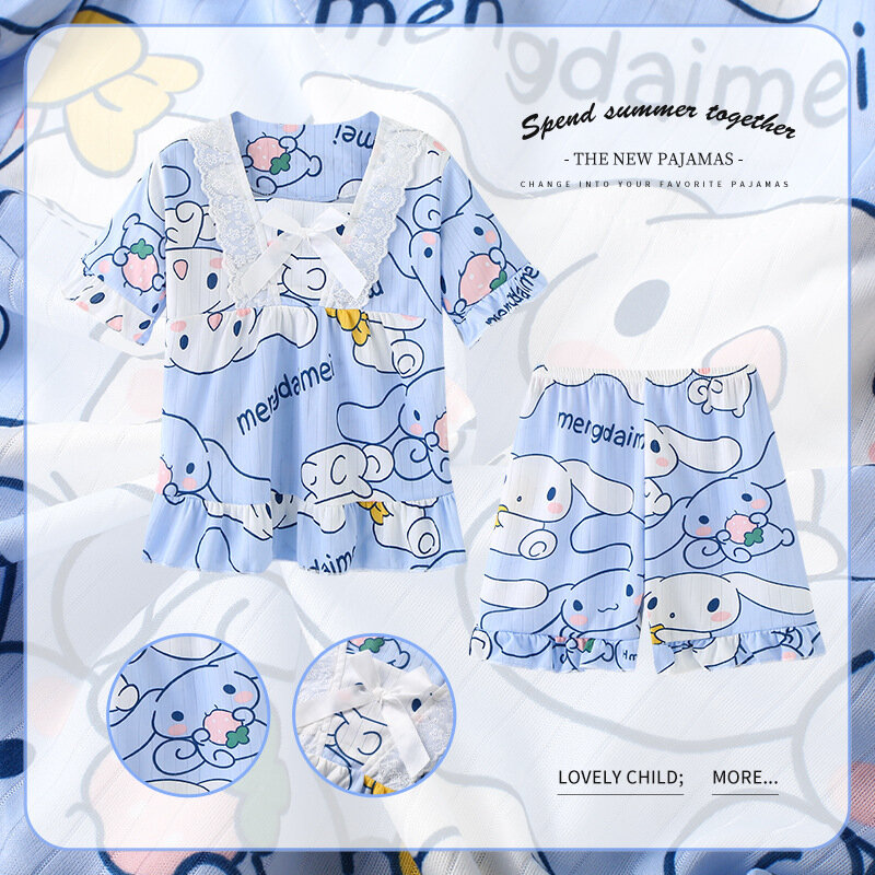 Pijama Kawaii Sanrio Cinnamoroll para niños, conjunto de dos piezas con lazo, Anime My Melody Kuromi, ropa de dormir para el hogar, Top de verano para niña