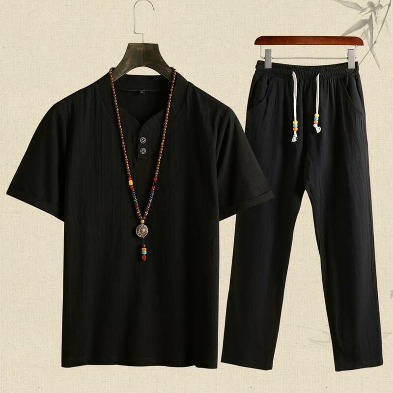 Shirt Pants Set Skin-friendly Casual Suit Sweat Absorbing Pockets  Simple O Neck T-shirt Long Pants Set