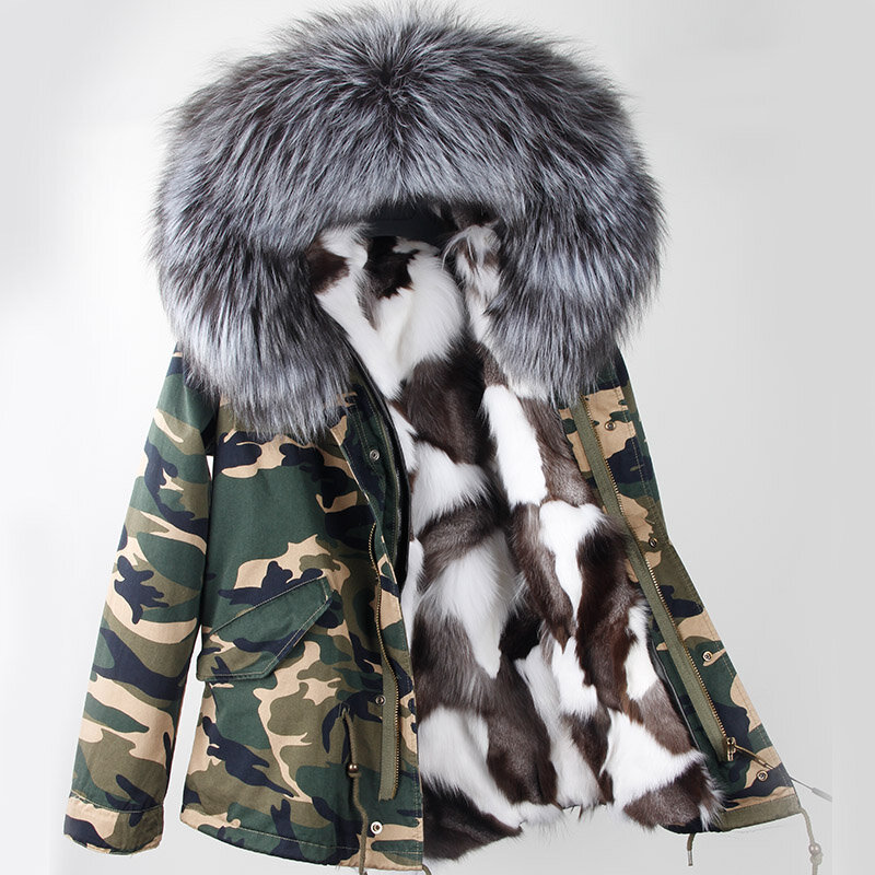 Pakaian Wanita Maomaokong Jaket Musim Dingin Lapisan Bulu Rubah Alami Parka Hijau Tentara Mantel Bulu Kerah Bulu Rakun Asli Besar Bertudung