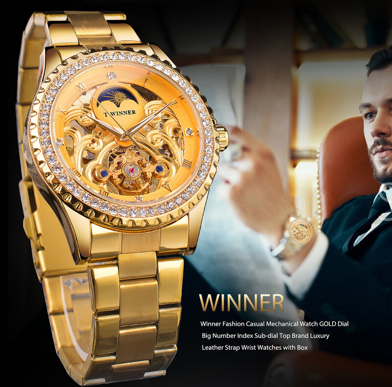 Vencedor-Golden Moon Phase Design Relógios automáticos para homens, aço inoxidável completo, esqueleto, turbilhão, diamante, estilo retrô, marca de luxo