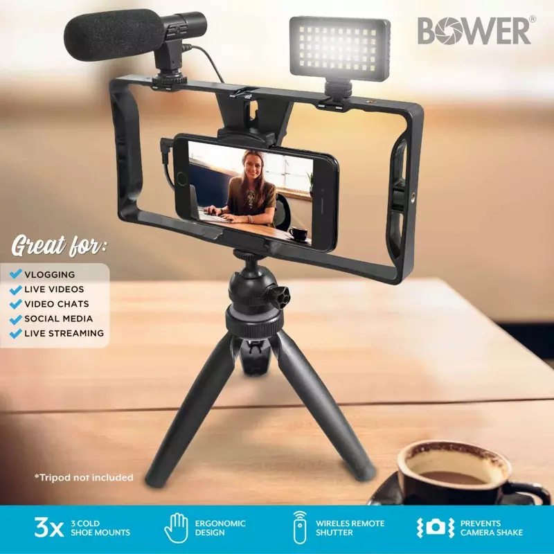 Bower ultimate vlogger pro kit dengan rig ponsel pintar, mikrofon HD, lampu 50 LED, 3 diffuser/filter, dan remote rana