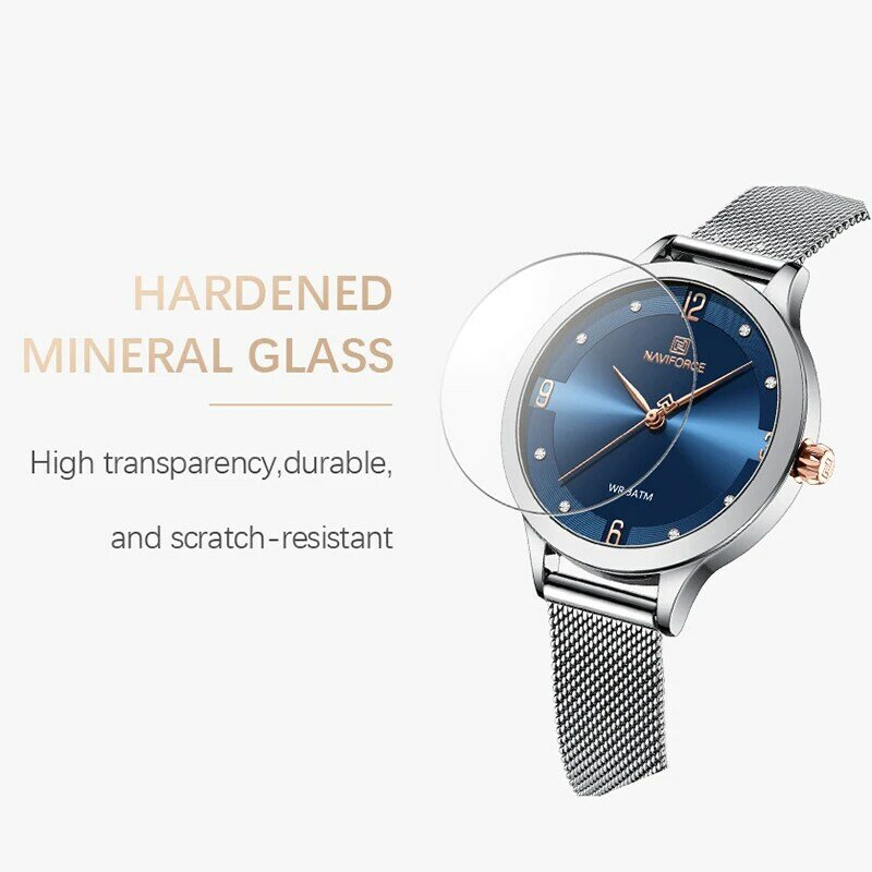 NAVIFORCE Fashion Watches for Women High Quality Quartz Female Clock Mesh Stainless Steel Sliver Blue Waterproof Ladies Bracelet