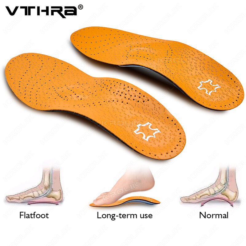 VTHRA Sol dalam sepatu pria wanita, Insole kulit Orthotic kaki datar penopang lengkungan ortopedi untuk kaki pria/X koreksi uniseks