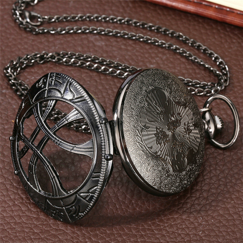 Antigo preto escuro oco para fora unisex relógio de bolso de quartzo colar corrente número romano exibição collectable relógio retro relógio