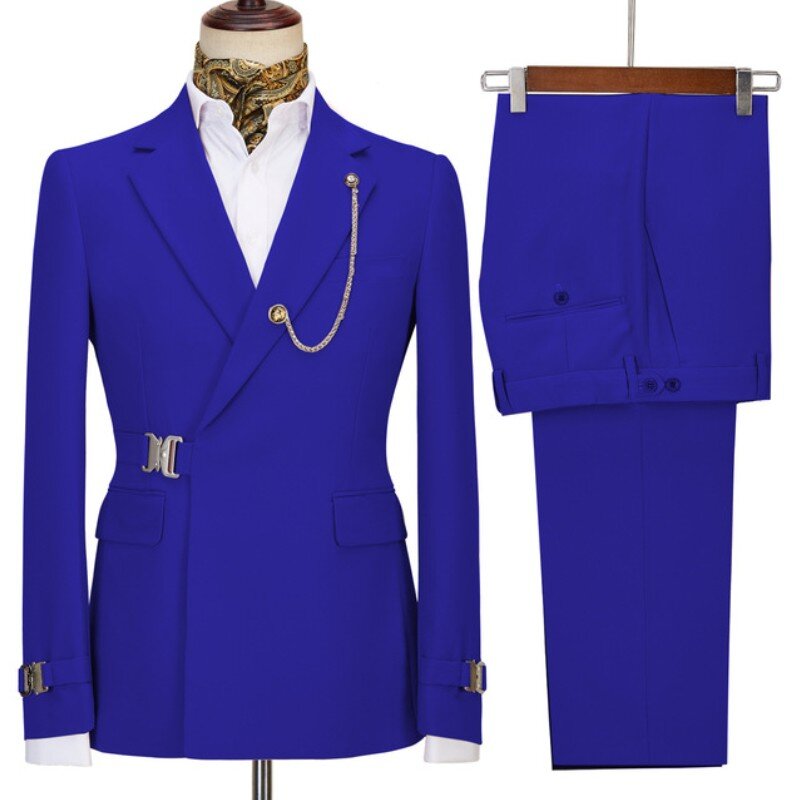 Burgundy Belt Design Double Breasted Mens Suits 2 Pieces Coat Pant Latest Design Wedding Suits Groom Prom Tuxedos Blazer Set