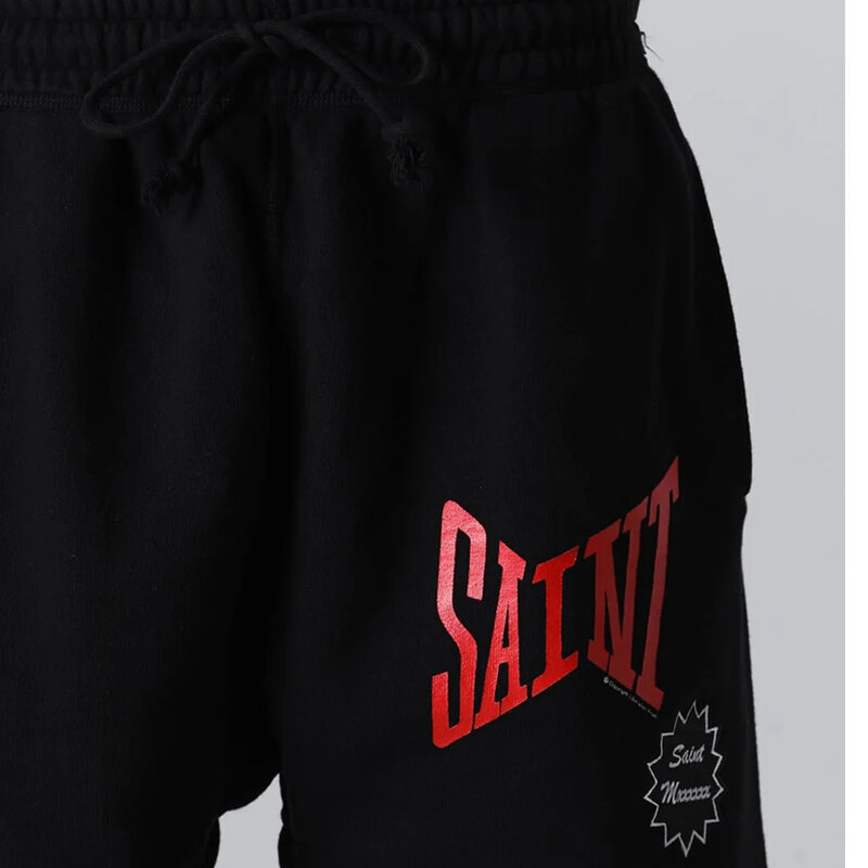 Calções com logotipo com letras clássicas masculinas e femininas, jogger casual, cordão solto, calções pretos de damasco com etiquetas, Saint Michael