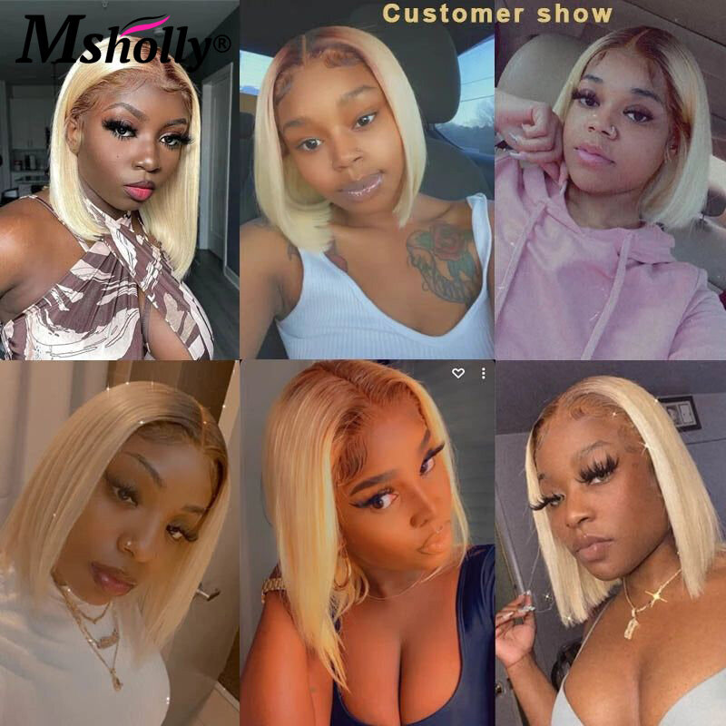 Ombre 613 Blonde Lace Front Wig Human Hair Preplucked 4/613 Colored Straight Wig 13x4 Lace Front Wig Dark Roots Short Bob Wig