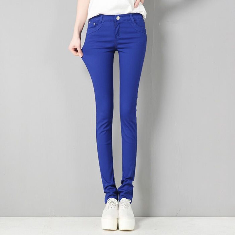 Jeans lápis stretch fino de grandes dimensões para mulheres, cores doces, calça jeans casual, leggings básicas, calça skinny de cintura média, 25-34