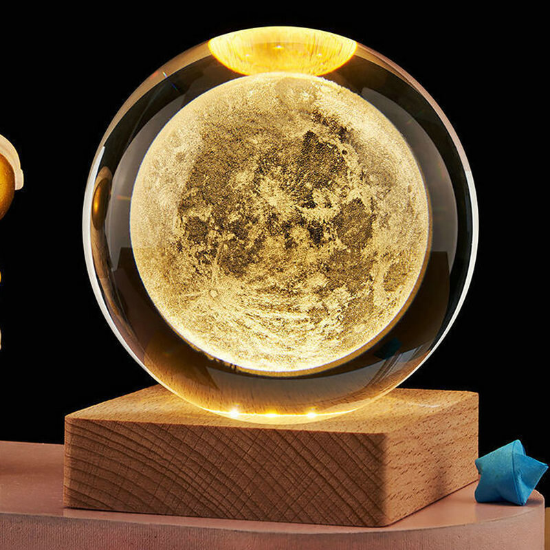 3D Galaxy Crystal Ball Night Light com base de madeira, lâmpada holográfica para casa, decoração desktop, 2.4"