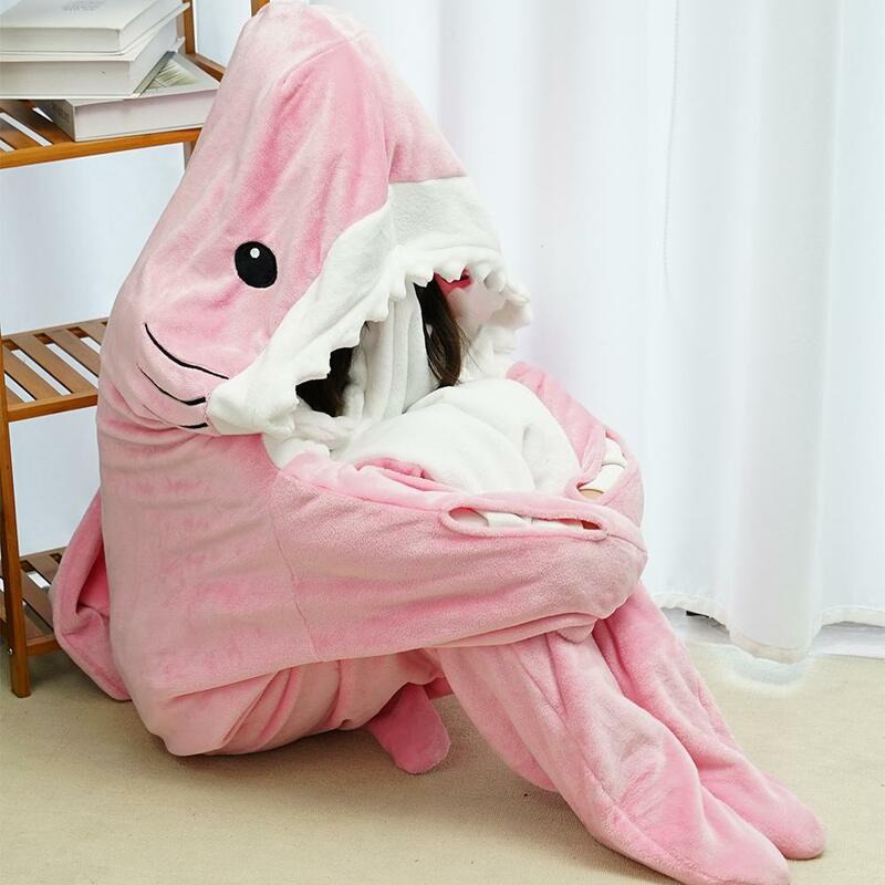 Cobertor de tubarão rosa para adultos, capuz de flanela super macio, saco de dormir, solto, pijama de 1 peça