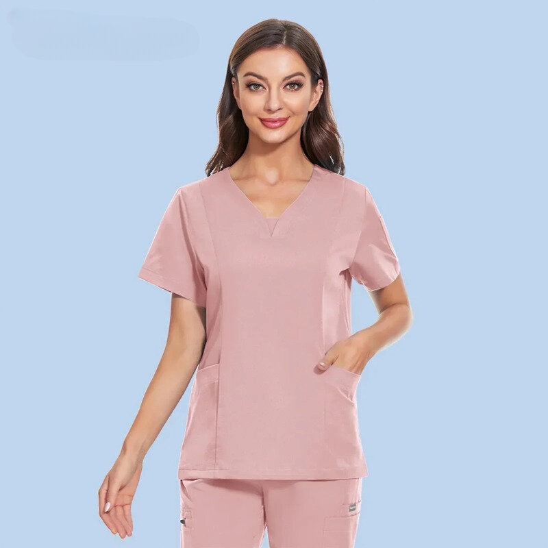 Women Medica Scrubs Tops Nurse Nursing Uniform Short Sleeve V-neck Beauty Blouse Scrub Shirt with Pocket Work Wear Lab Jacket