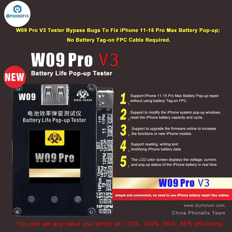OSS W09 Pro V3 Battery Life Pop-Up Tester, remover mensagem importante da bateria, usar com iPhone 11, 12, 13, 14, 15 Pro Max