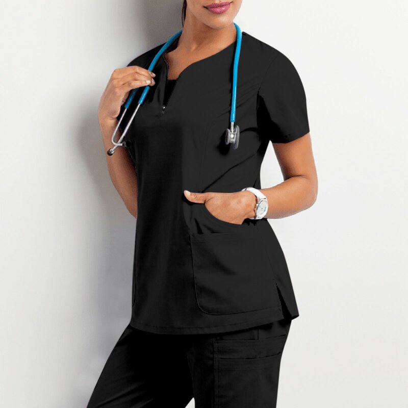 Donne Caregivers uniforme da lavoro manica corta con scollo a v traspirante elastico Scrub Top con tasca Grooming Spa Salon uniformi camicie