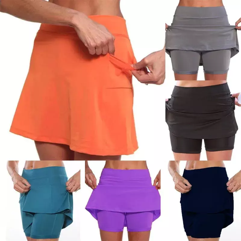 Celana rok mini warna polos wanita, celana pendek Yoga Gym Anti eksposur santai olahraga modis dua potong palsu