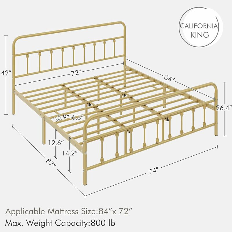 Klasyczna metalowa łóżko z pełnymi bokami rama materaca z wiktoriańskim żelaznym kutym zagłówkiem kalifornijskim duży rozmiar antyczne złoto