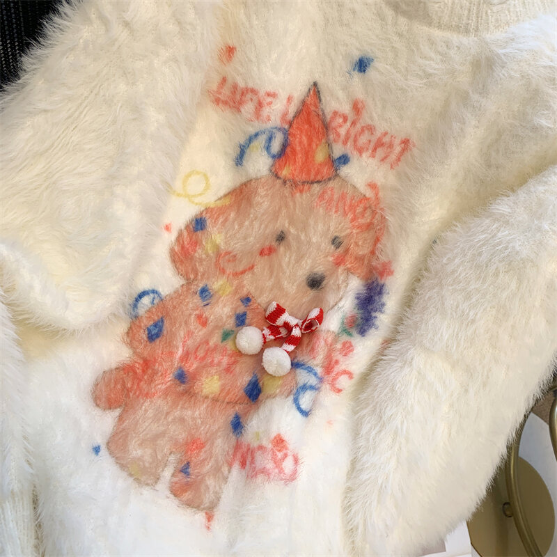 Jersey de punto con diseño de perro para mujer, suéter de moda coreana, Y2K, prendas de punto irregulares, suéteres sueltos de Mohair, Otoño y Navidad