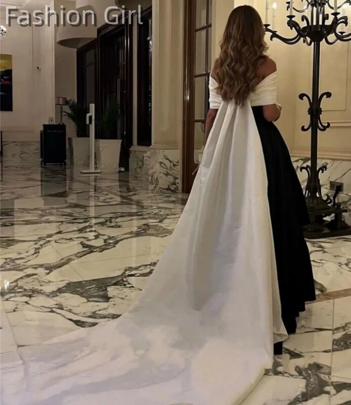 2023 Luxe Zwart Wit Satijn Formele Lange Avondjurken Afneembare Sweep Trein Feestjurk Vestido Saudi Arabric Prom Dress
