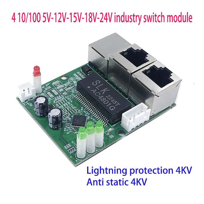 Mini PCBA 4 porte Networkmini modulo switch ethernet 10/100Mbps 5V 12V 15V 18V con protezione contro i fulmini 4KV, antistatico 4KV