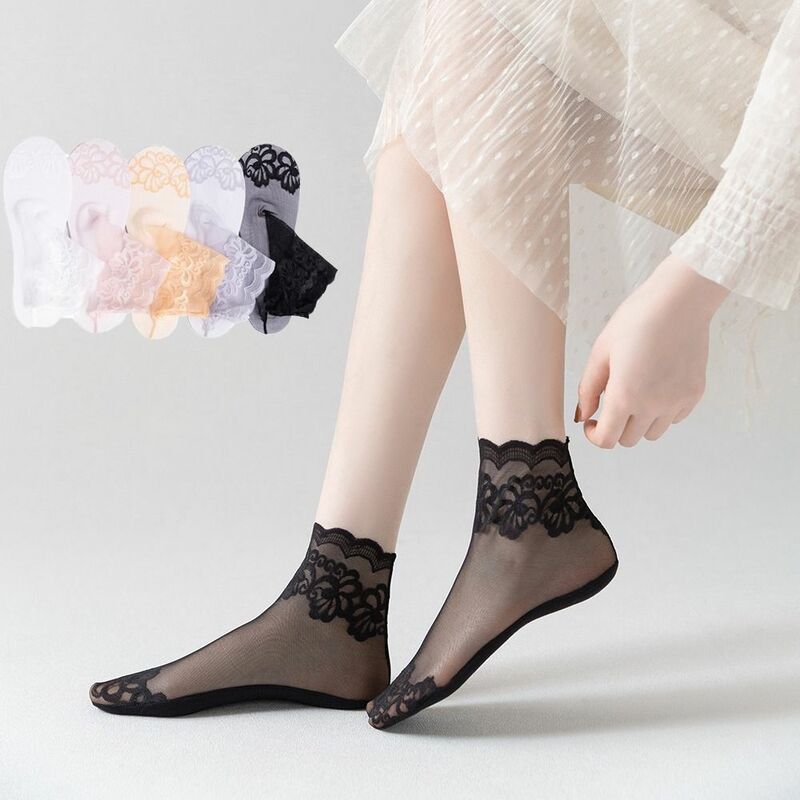 Women Summer Invisible Lace Socks Non-slip Shallow Socks Thin Floral Mesh Short Ankle Middle Tube Breathable Silk Female Hosiery