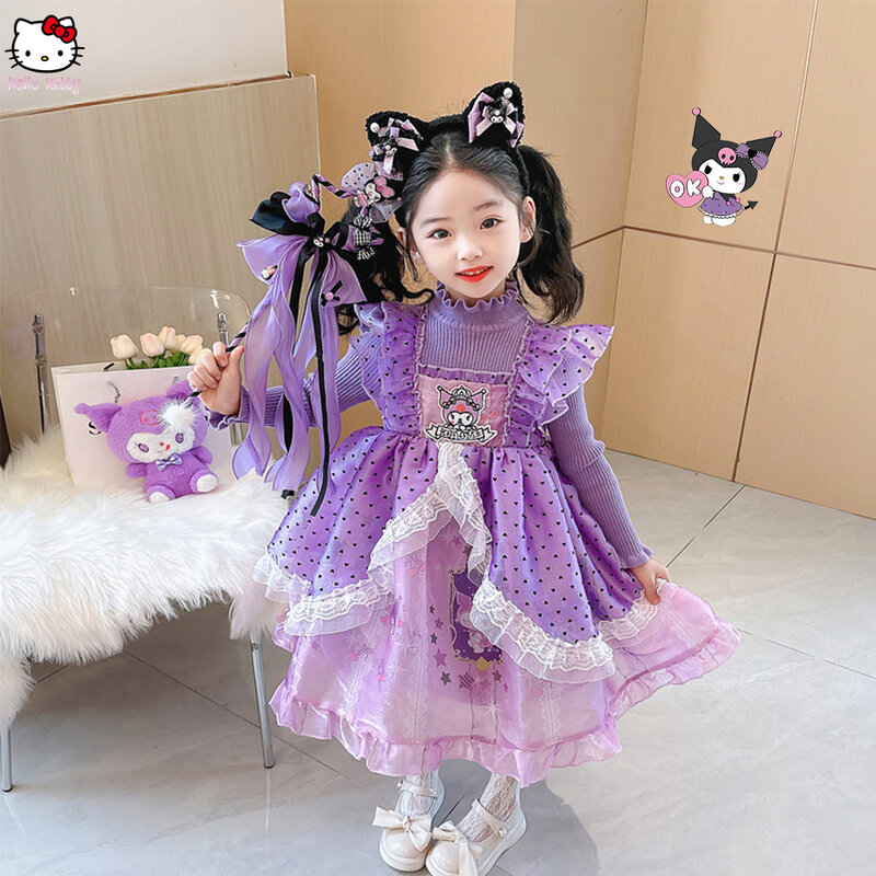 Dziewczęca sukienka Sanrios Anime 2024 Kuromi Y2K przyjęcie urodzinowe pluszowy sweter wiosenno-jesienna sukienka dla dzieci Kawaii Lolita Princess Dress