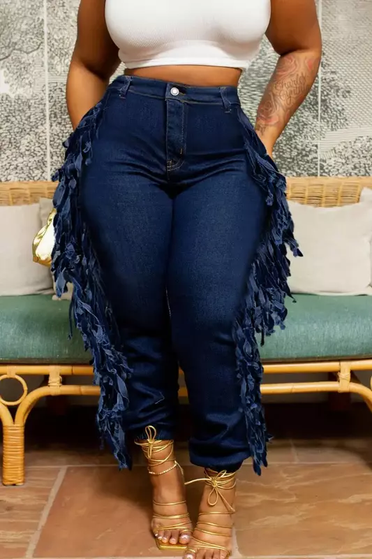 Plus Size Daily Jeans Denim Franje Asymmetrische Taille Cargo Jeans Met Pocket Vestidos Para Mujer