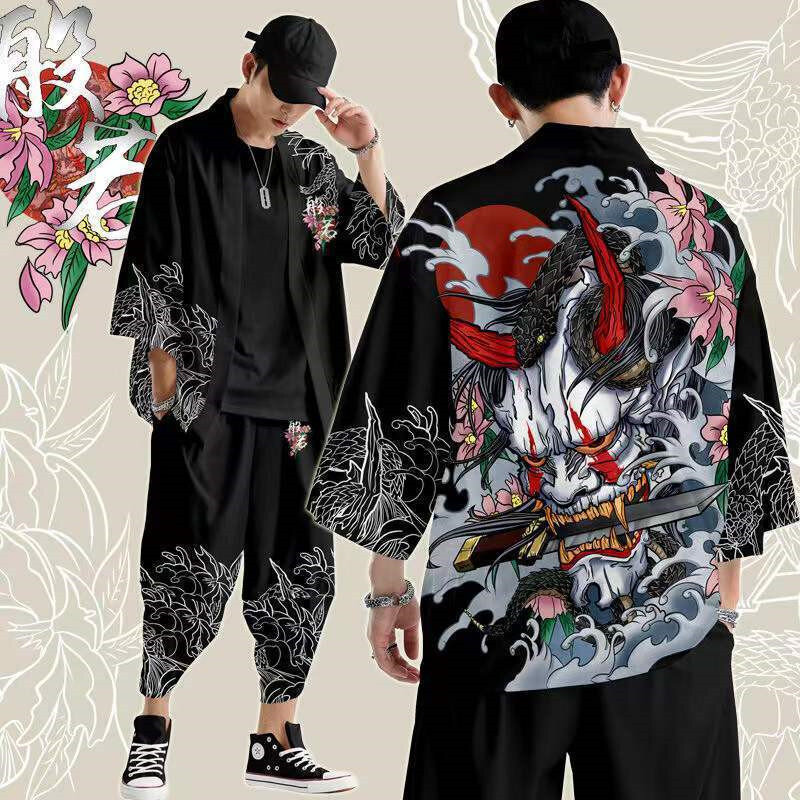 Dwuczęściowy garnitur Oversize XXS-6XL styl japoński modne Kimono i zestaw spodni męski kardigan bluzka Haori Obi azjatyckie ubrania