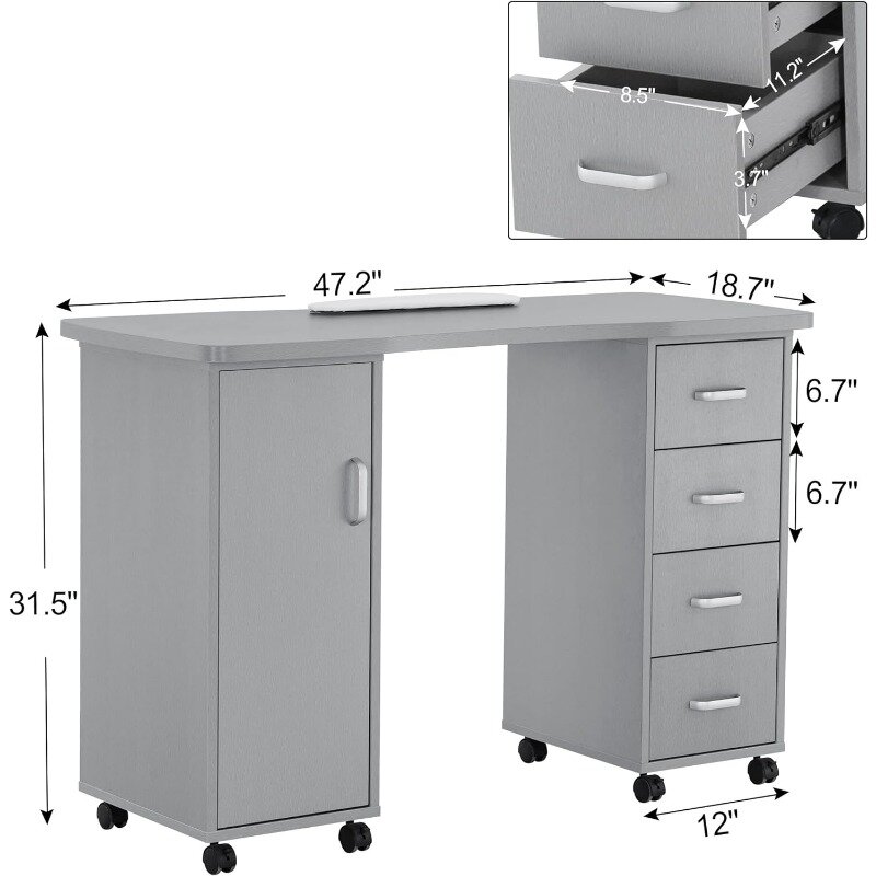 Manicure Table, Acetone Resistant Nail Desk, Nail Table with 4 Drawers, 2 Cabinet, Lockable Wheels, Wrist Pad, Nail Desk