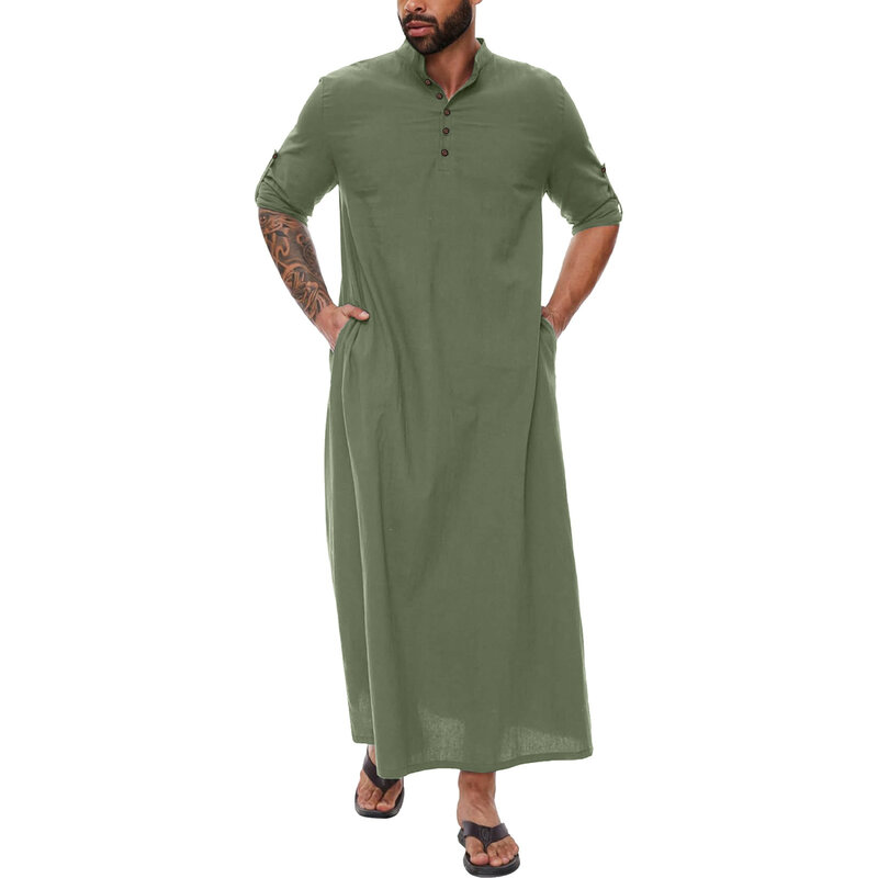 男性用イスラム教徒ドレス,ミドル丈,長袖,サイドスリット,シンプルなボタンポケット,新しいコレクション2020