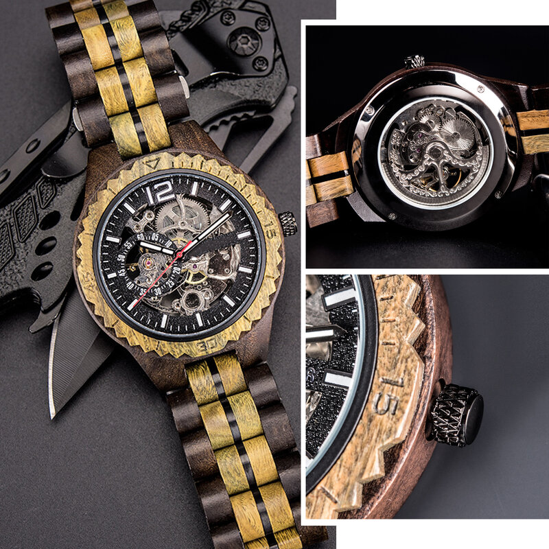 Jam tangan kayu mekanis untuk pria, arloji kayu Analog dial Skeleton otomatis dengan tali dan Bezel casing transparan kembali