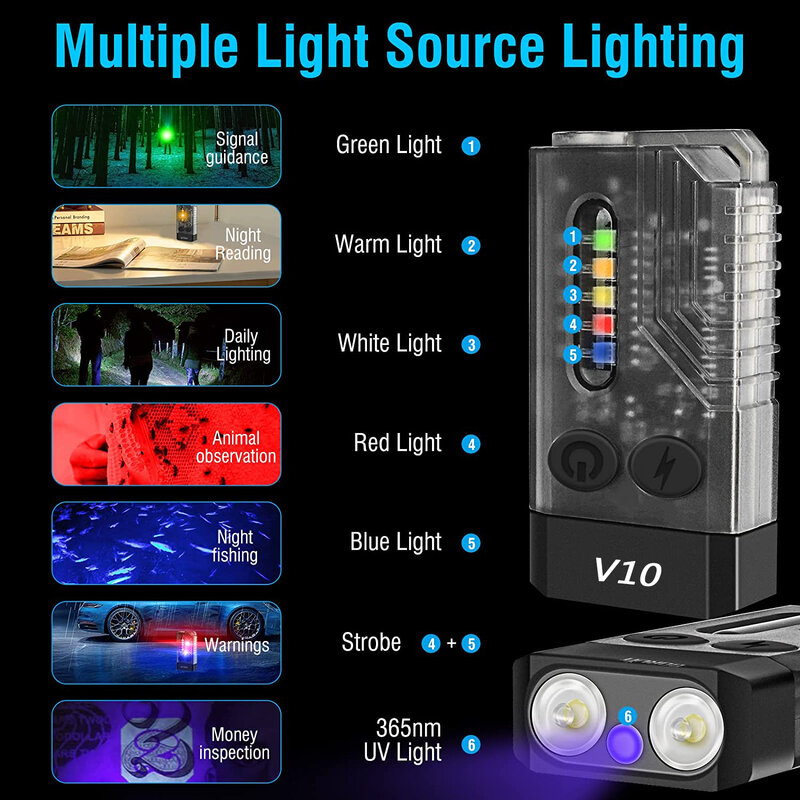 V10/V7/V3 EDC Flashlight Portable Key Light 1000LM Type-C Rechargeable Pocket Torch Waterproof with Magnet UV Emergency Torch