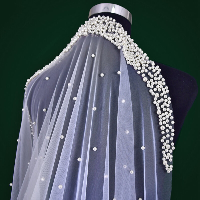 حجاب زفاف رومانسي مع لؤلؤ مشفر ، غطاء رأس بذيل طويل ، BL4018