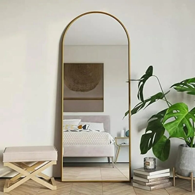 Miroir pleine longueur en arc avec support, miroir en cuir doré, corps libre de fret, meubles de salon, maison