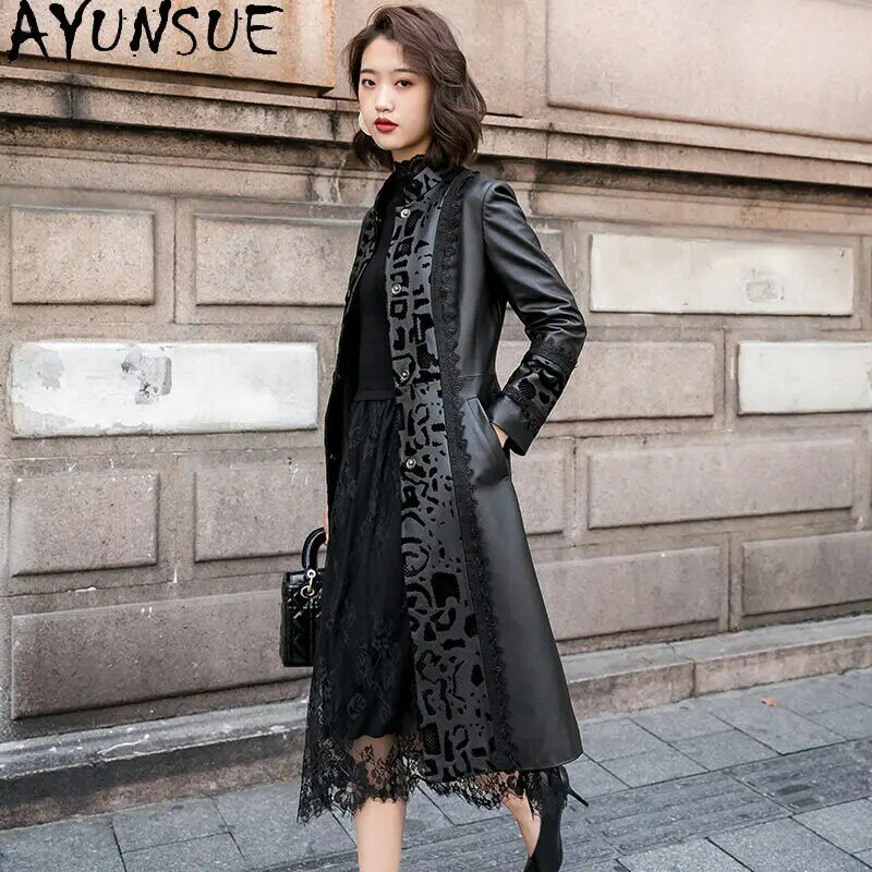 Ayunsue-本革のジャケット2023,女性のための本物のシープスキンジャケット,ロングコート,刺embroidered,薄いウインドブレーカー