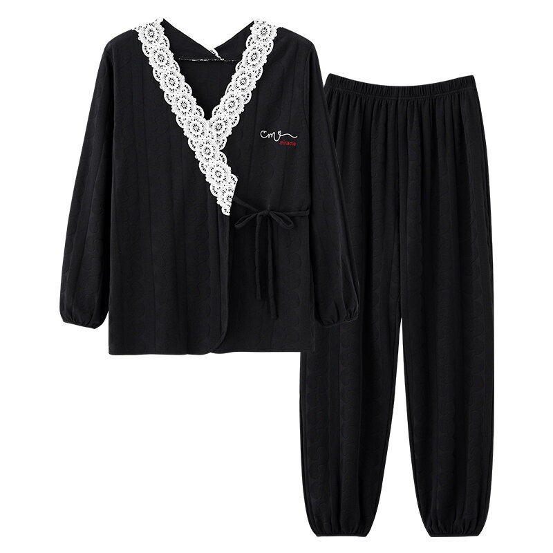 Новый осенне-зимний женский пижамный комплект из 100% хлопка с длинным рукавом и отложным воротником кардиган одежда для сна Милая Повседневная Мягкая женская домашняя одежда