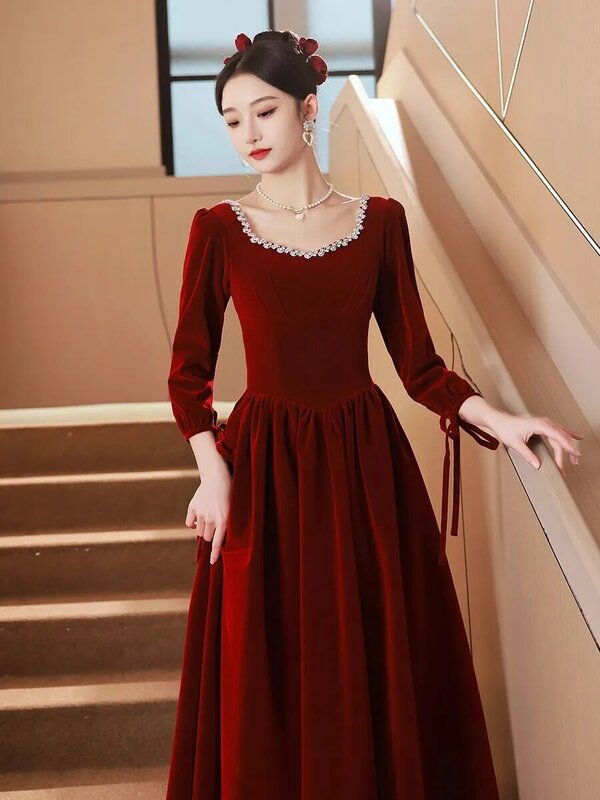 Wine Red Velvet Formal Evening Dress Retro Long Sleeved Crystal Square Collar Slim Fit Lace Up Maxi Dress Female Party Dress