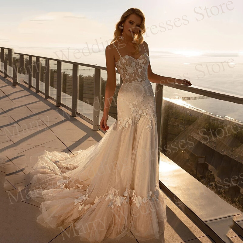 Gaun pernikahan indah putri duyung elegan terbaru gaun pengantin applique renda tali spageti gaun pengantin seksi punggung terbuka tanpa lengan untuk wanita