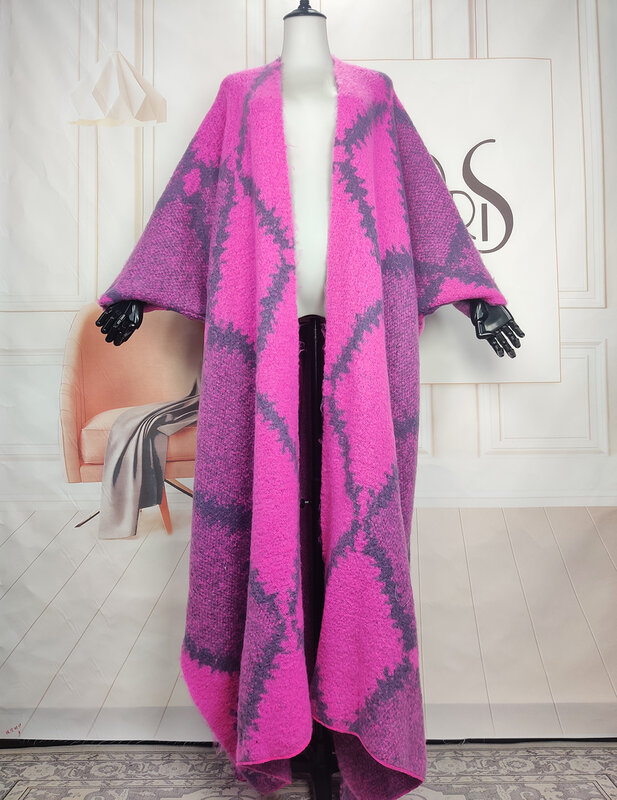 Nieuwe Mode America Blogger Heet Aanbevolen Mozaïek Magenta Trui Kimono 'S Plus Afrikaanse Vrouwen Warme Open Voorkant Lange Vesten