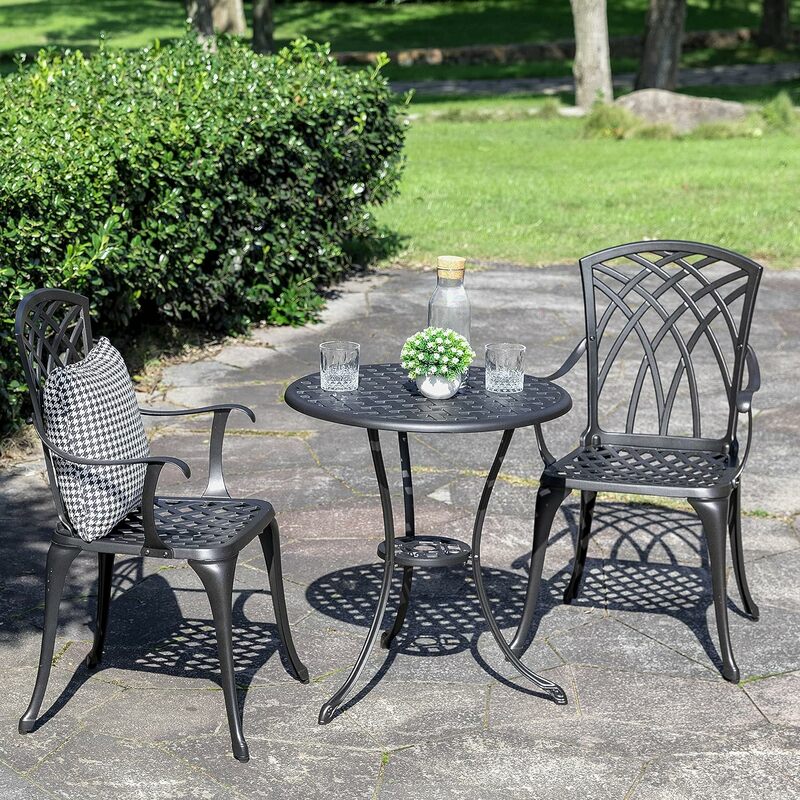 NUU-Juego de mesa y sillas de aluminio fundido para jardín, conjunto de 2 bistró con agujero para sombrilla, para Patio trasero, 3 piezas