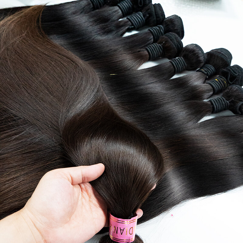 Bundel rambut manusia 100% dengan penutup bundel rambut manusia lurus Brasil ekstensi rambut manusia warna hitam alami rambut tebal