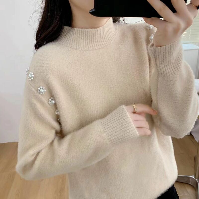 女性のためのモックネックセーター,シンプルでシックなセーター,韓国スタイルのアップリケデザイン,モノクロ,クラシックな個性,4色,秋