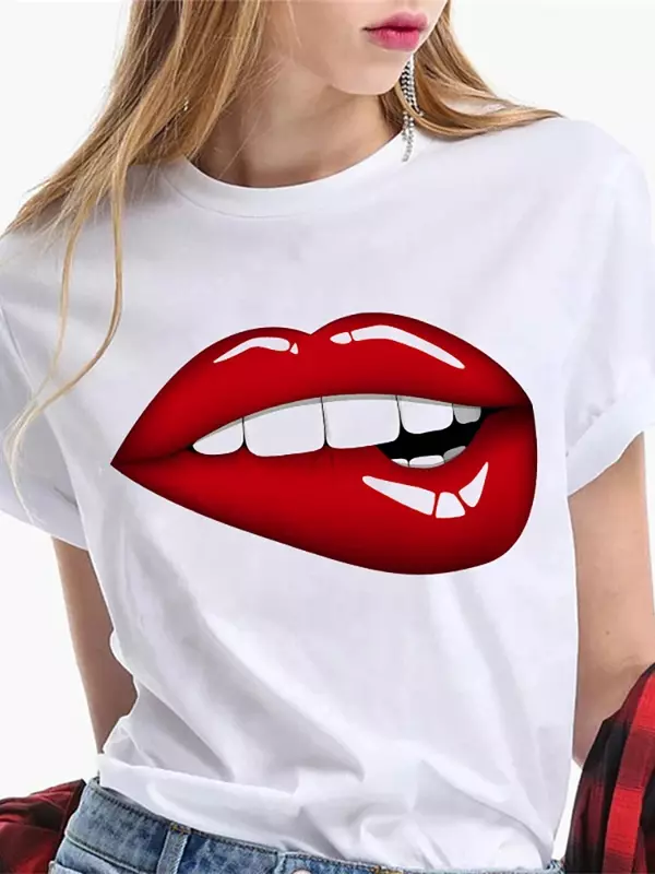 Y2k Short Sleeves Summer Loose T-shirt Women T-shirt Sexy Kiss Lip Lips Saying Funny Black Tee Soft T-shirt Graphic Cotton Tee