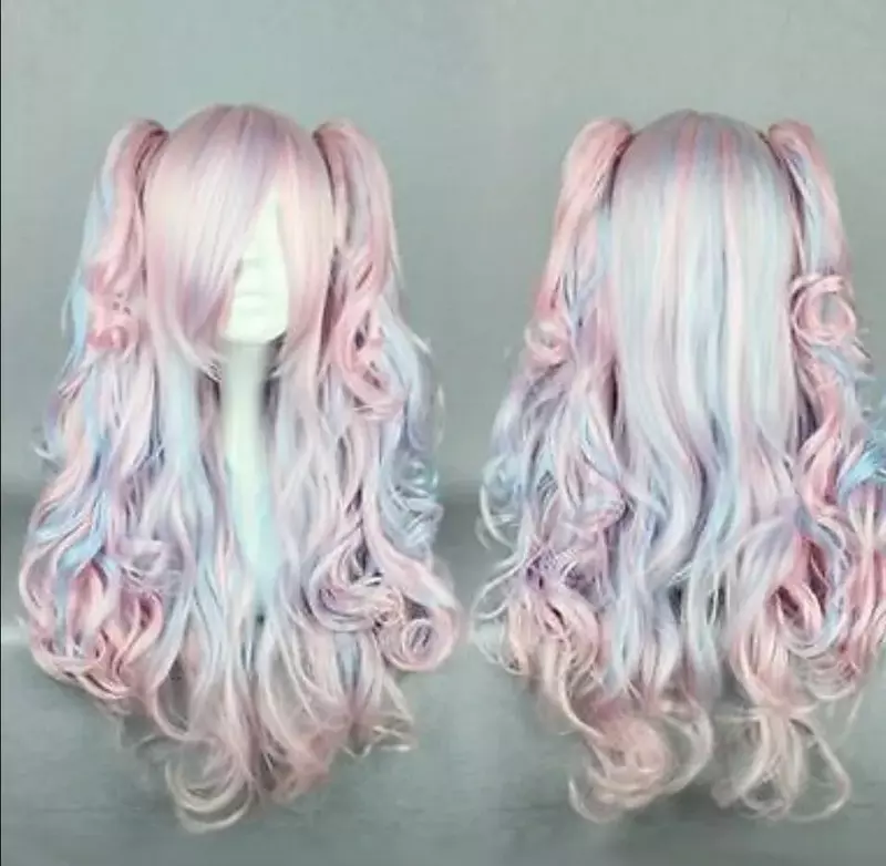 Gratis pengiriman 70cm panjang merah muda campuran biru keriting klip-In ekor kuda Lolita gaya wig Cosplay
